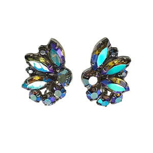 Blue Aurora Borealis Navette Rhinestones Leaf Clip-On Earrings